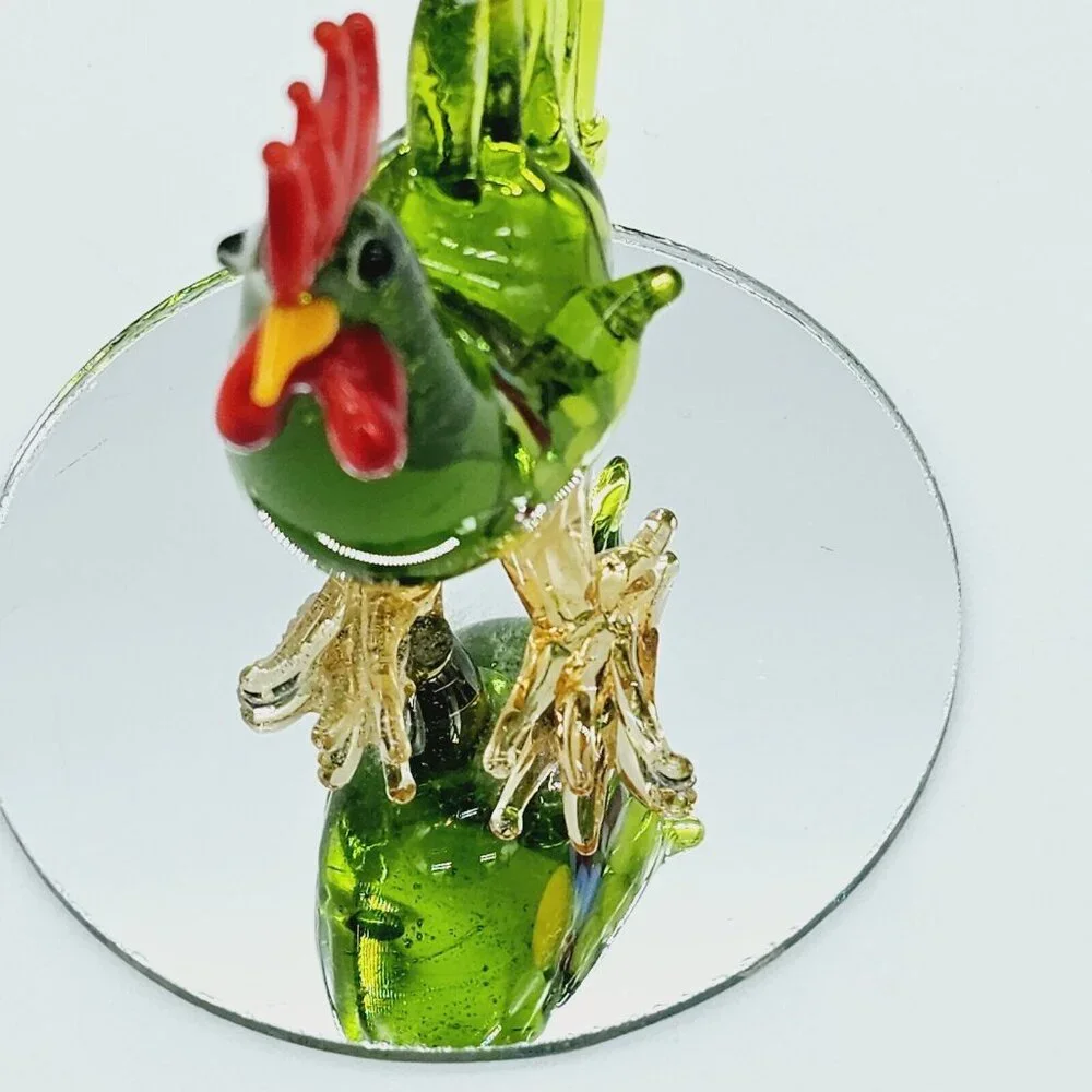 Vintage Hand Blown Art Glass Green Pulled Feather Rooster Chicken Figurine Farm